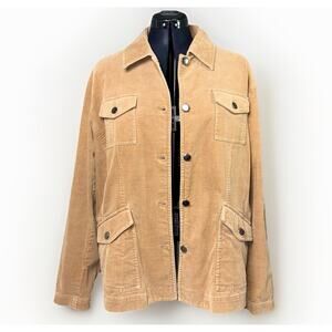 Womens 2X Tan Khaki Corduroy Jacket Stretch XXL Button Long Sleeve Pocket Beige